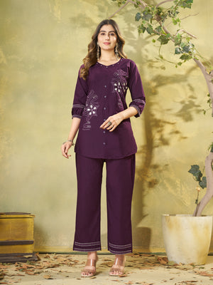 Pure Cotton Embroidered Co-Ords Set – Wine