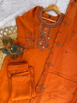 Roman Silk Embroidered Straight Kurti Set – Orange