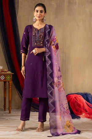 Roman Silk Embroidered Straight Kurti Set – Purple
