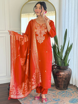 Roman Silk Embroidered Kurta Pant Dupatta Set – Rust Orange