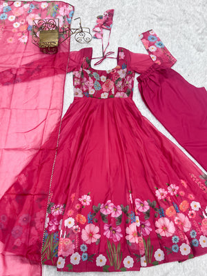 Organza Silk Printed Anarkali Set – Pink