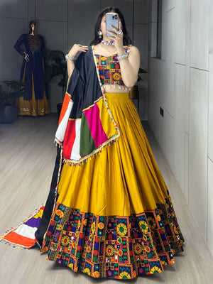 Navratri Mustard Gamthi Mirror Work Lehenga Set