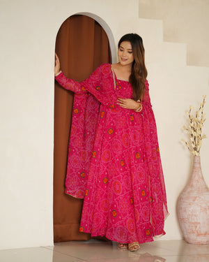 Soft Lightweight Chiffon Bandhej Fabric Inner Micro Cotton Embroidered Anarkali Set – Pink