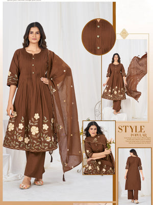 Pure Cotton Embroidered Anarkali Kurti Set – Coffee