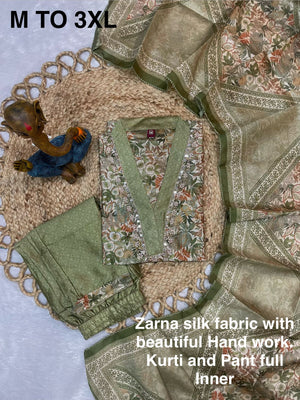 Zarna Silk Embroidered Straight Kurti Set – Sage Green
