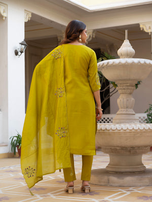 Pure Viscose Mango Silk Embroidered Straight Kurti Set – Yellow