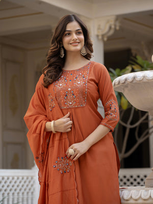 Pure Viscose Mango Silk Embroidered Straight Kurti Set – Rust