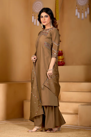 Viscose Mango Silk Embroidered Anarkali Kurti Set – Coffee