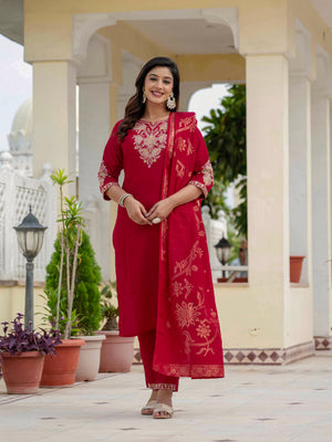 Premium Roman Silk Embroidered Straight Kurti Set – Maroon