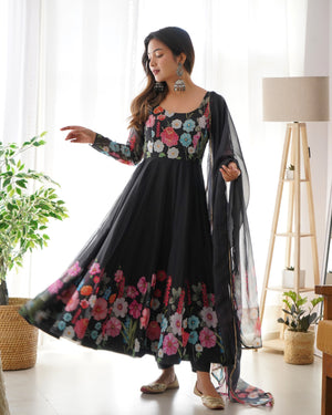 Organza Silk Printed Anarkali Set – Black
