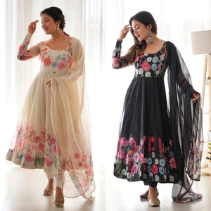 Organza Silk Printed Anarkali Set – Black