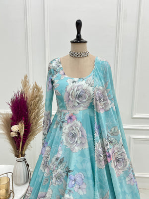 Georgette Printed Gown Set – Sky Blue Floral