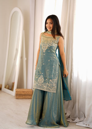 Fendy Silk Embroidered Sharara Set – Slate Blue