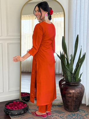 Roman Silk Embroidered Kurta Pant Dupatta Set – Rust Orange
