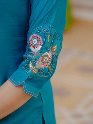 Pure Viscose Mango Silk Embroidered Straight Kurti Set – Firozi