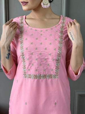 Rayon Slub Embroidered Kurta Pant Dupatta Set – Pink
