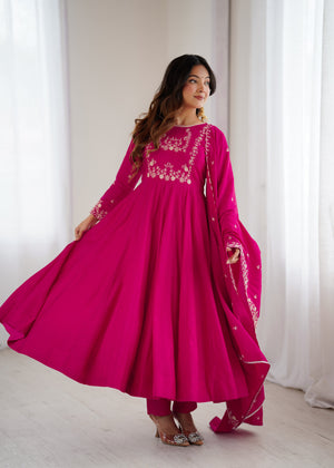 Roman Shimmer Silk Embroidered Anarkali Set – Rani Pink