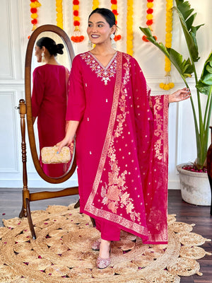 Viscose Chanderi Embroidered Kurta Pant Dupatta Set – Rani Pink