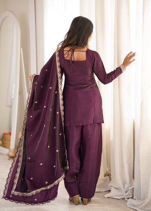 Glass Roman Silk Embroidered Kurta-Farshi Set – Purple