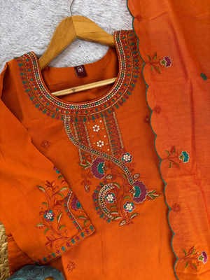 Roman Silk Embroidered Straight Kurti Set – Orange