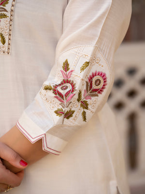 Pure Viscose Mango Silk Embroidered Straight Kurti Set – White
