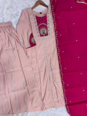 Roman Silk Embroidered Anarkali Kurti Set – Peach