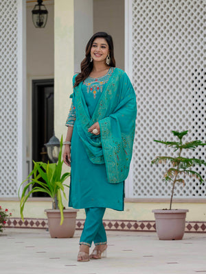 Premium Roman Silk Embroidered Straight Kurti Set – Firozi