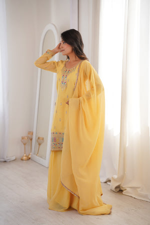 Crunchy Silk Embroidered Kurta-Sharara Set – Yellow
