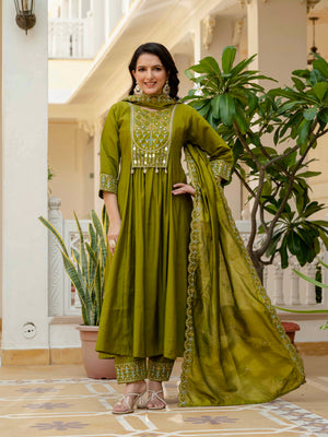 Viscose Roman Silk Embroidered Anarkali Kurti Set – Mahendi