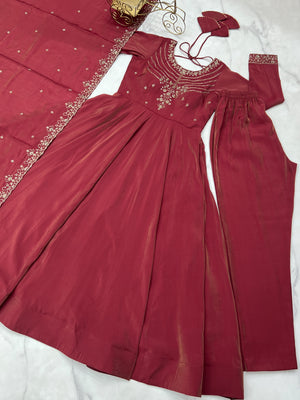 Roman Shimmer Silk Embroidered Anarkali Set – Maroon