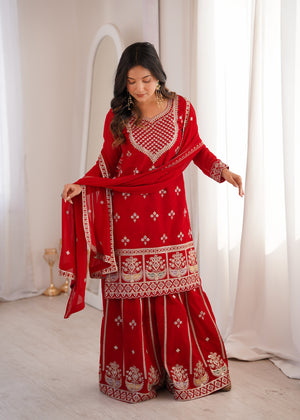 Georgette Embroidered Kurta-Sharara Set – Red