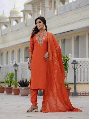 Premium Roman Silk Embroidered Straight Kurti Set – Orange