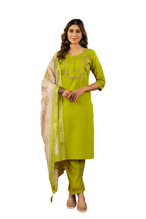 Marina Silk Embroidered Straight Kurti Set – Parrot Green