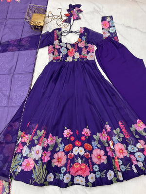 Organza Silk Printed Anarkali Set – Purple
