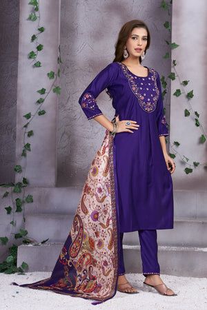 Premium Marina Silk Embroidered Straight Kurti Set – Violet