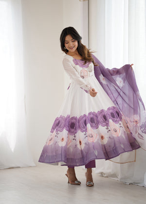 Organza Silk Printed Anarkali Set – Lilac Floral