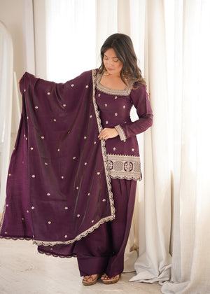 Glass Roman Silk Embroidered Kurta-Farshi Set – Purple
