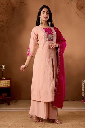 Roman Silk Embroidered Anarkali Kurti Set – Peach