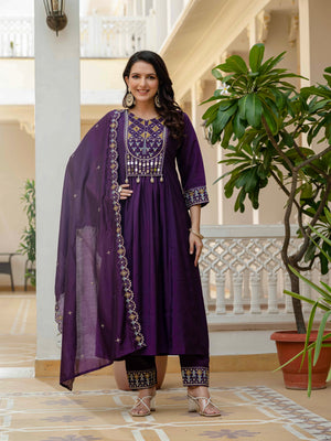 Viscose Roman Silk Embroidered Anarkali Kurti Set – Purple