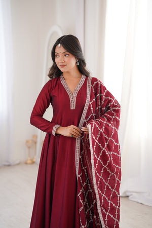 Vichitra Silk Embroidered Gown Set – Maroon