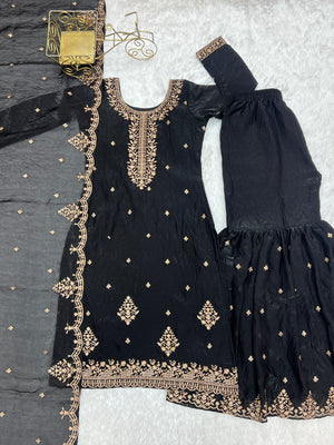 Crunchy Silk Embroidered Kurta-Sharara Set – Black