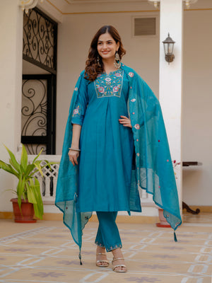 Pure Viscose Mango Silk Embroidered Straight Kurti Set – Firozi