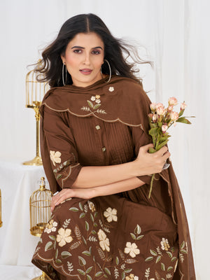 Pure Cotton Embroidered Anarkali Kurti Set – Coffee
