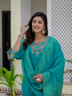 Premium Roman Silk Embroidered Straight Kurti Set – Firozi