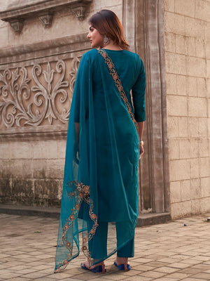 Rayon Slub Embroidered Kurta Pant Dupatta Set – Rama Green