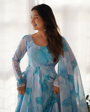 Organza Silk Printed Anarkali Set – Sky Blue