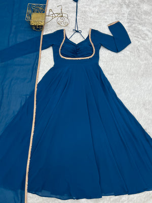 Georgette Embroidered Gown Set – Teal Blue