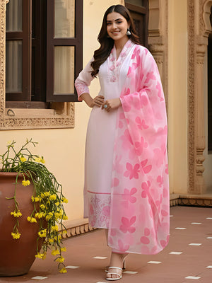 Chanderi Printed Kurta Pant Dupatta Set – Pink
