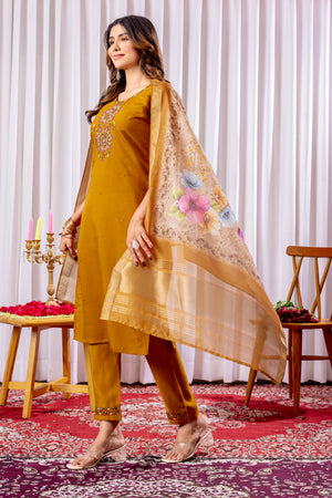 Viscose Silk Embroidered Straight Kurti Set – Mustard
