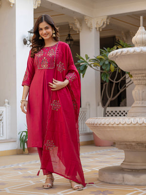 Pure Viscose Mango Silk Embroidered Straight Kurti Set – Pink